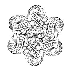 Swirling mandala coloring page. Decorative abstract floral design.