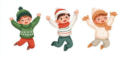 3 cute Christmas young boys jumping, vector illustration, flat design style