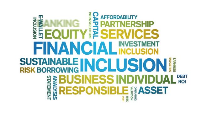 Financial inclusion animated word cloud-text design animation tag kinetic typography seamless loop.