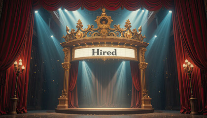 Grand theatrical stage announces career success with the word 'Hired' illuminated under golden ornate marquee, evoking triumph and opportunity, perfect for recruitment and achievement themes.