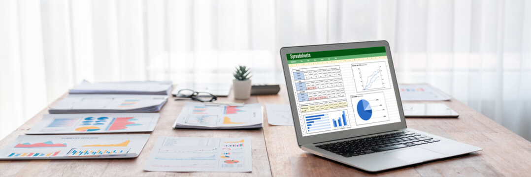 Spreadsheet document information financial startup concept. data and graphs in spreadsheet documents for online analysis project dashboard accounting digital brisk