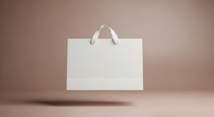 A blank white paper shopping bag with handles, floating against a muted brown background.