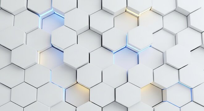 White hexagonal pattern with blue and yellow light accents