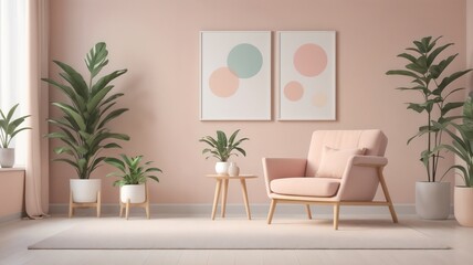 Cozy Flat-Design Pastel Living Room with Chair, Lamp & Plant – Minimalist Vector Illustration