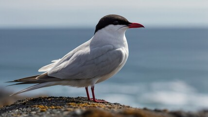 Obraz premium Close-up Arctic Tern with Sharp Eye Contact & Sleek Feathers Against Blurred Ocean Horizon