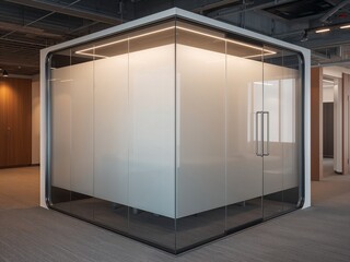 A futuristic frosted glass and metal conference room cube.