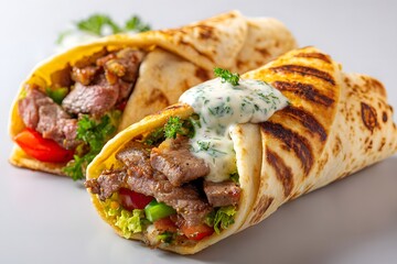 Deliciously wrapped beef and vegetable shawarma with creamy sauce on a light background