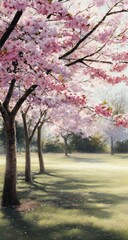 Sunlit cherry blossoms in a park, soft light and pink petals