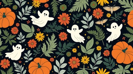 Obraz premium Seamless halloween pattern with cute ghosts, pumpkins, flowers and leaves on dark background