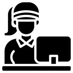Female operator with computer icon in glyph style, suitable for online customer support, delivery assistant, and cutomer service concept illustrations