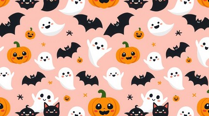 Seamless halloween pattern with cute ghosts, pumpkins, and bats on a pink background