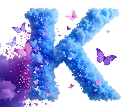 Letter K formed of vibrant blue and purple smoke, with butterflies