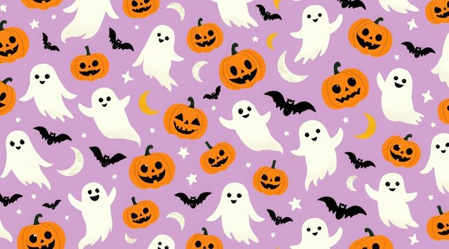 Seamless halloween pattern with cute ghosts, pumpkins, and bats on a purple background - Powered by Adobe