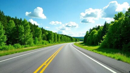 Fototapeta premium Asphalt ribbon winding through vibrant green summer foliage under a bright blue sky with fluffy white clouds, promising an open road adventure.