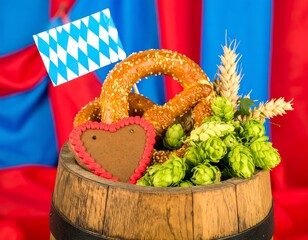 Oktoberfest still life featuring a pretzel, gingerbread heart, hops, wheat, and Bavarian flag in a wooden barrel against a blue and red backdrop.