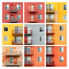 Fototapeta premium Nine vibrant apartment building facades, showcasing diverse color palettes and architectural details