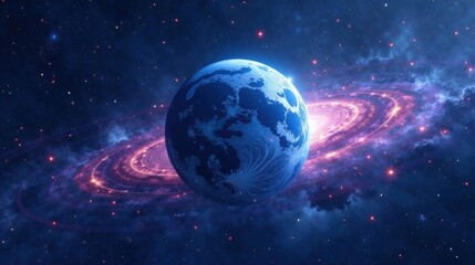 Obraz premium A Celestial Orb, a cosmic wonder, orbits within a vibrant nebula, its surface adorned with intricate patterns, a breathtaking spectacle of space.