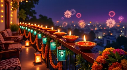 Diwali celebration with candles and fireworks on balcony at night, festive mood in city