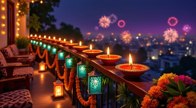 Diwali celebration with candles and fireworks on balcony at night, festive mood in city