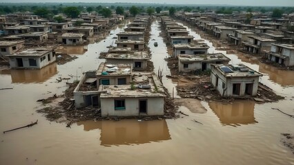 Fototapeta premium Devastating aerial view of flooded residential area with submerged houses and debris