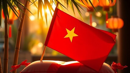 Vietnam National Day flag on silk cushion with bamboo leaves and lanterns