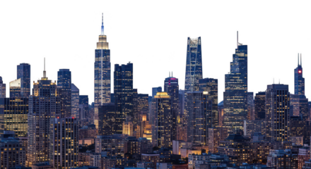City skyline at night with lights on transparent background