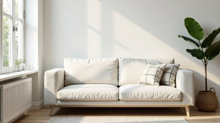 Fototapeta premium Modern Minimalist Living Room Interior Design Featuring a Comfortable Off-White Sofa with Plaid Cushions and Natural Light