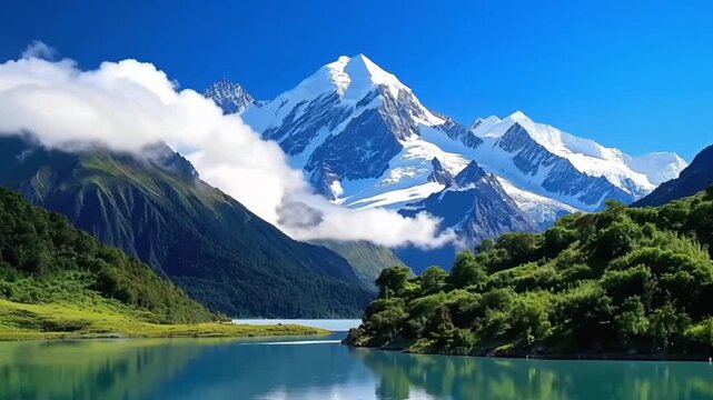 A breathtaking view of a majestic snow-capped mountain peak reflected in a crystal-clear turquoise lake. A serene and powerful image of pristine, untouched nature.