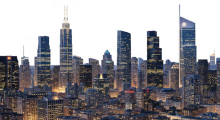 City skyline illuminated at night on transparent background