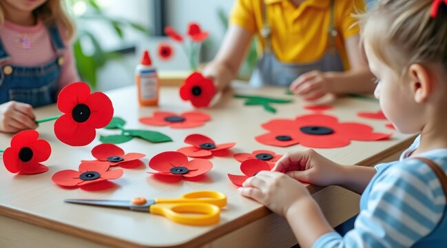Children making paper poppies for remembrance day in a classroom with art supplies
