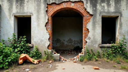 A weathered brick archway, partially demolished, reveals a shadowed interior space within a crumbling concrete structure, overgrown with resilient vegetation.
