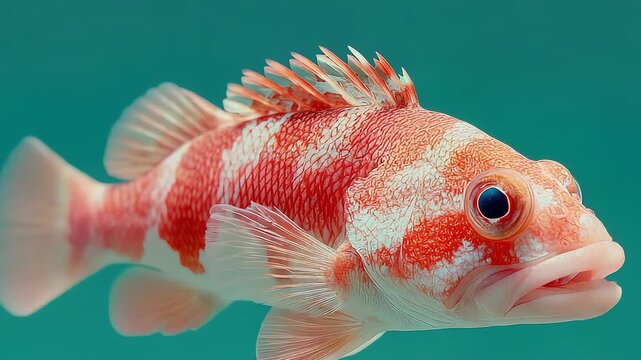 Red and white striped fish with spiny dorsal fin swimming in clear turquoise water
