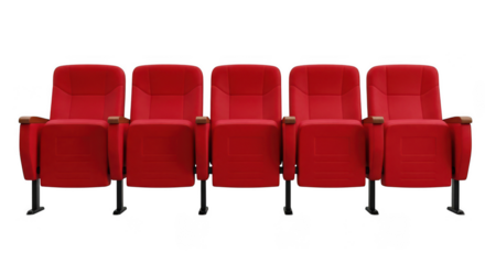 Five red theater seats in a row on transparent background