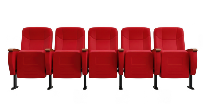 Five red theater seats in a row on transparent background