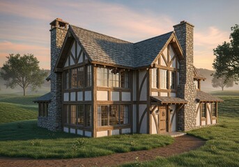 Obraz premium Traditional Tudor style stone house in green countryside at sunset