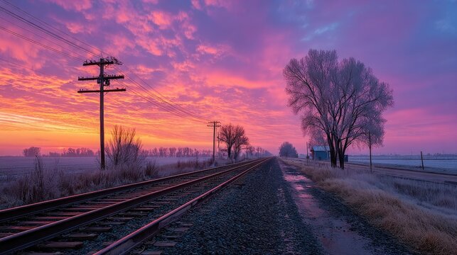 Frozen landscape sunrise over railway tracks