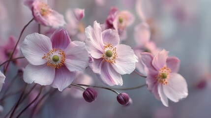 Delicate, pastel pink anemones in soft focus