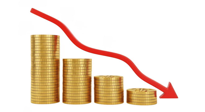 Coins decreasing with red arrow on transparent background