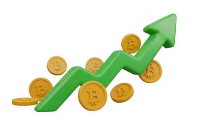 Bitcoins with an upward arrow on transparent background