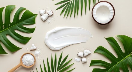 Natural Coconut and Palm Leaves with Creamy Skincare Product on Beige Surface