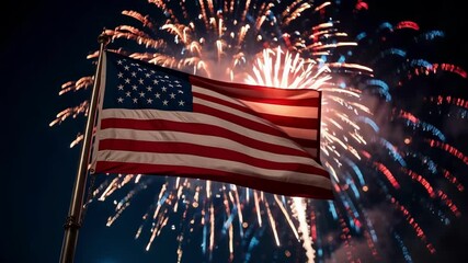 American flag waving with fireworks in the background. - Powered by Adobe