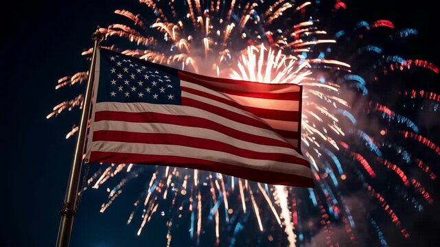 American flag waving with fireworks in the background.