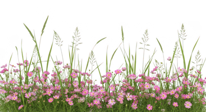 Pink flowers and tall grass view on transparent background - Powered by Adobe