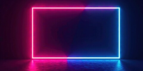 Abstract glowing neon rectangular frame with vibrant pink and blue illumination on dark background