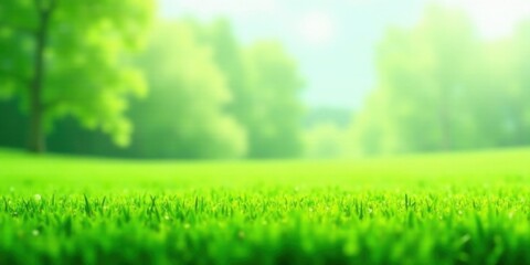 Vibrant Green Grass in a Lush, Sunny Meadow with a Defocused Background of Trees