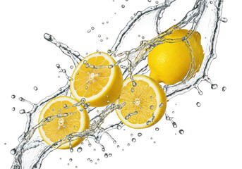 Lemons and water splash closeup on transparent background