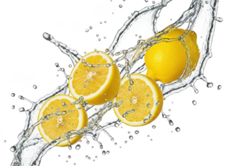Lemons and water splash closeup on transparent background