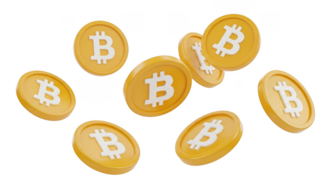 Floating bitcoin coins render on transparent background