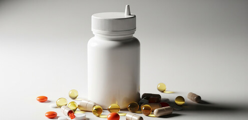 White medicine bottle with assorted colorful pills and tablets arranged neatly on a clean surface. Concept of healthcare, pharmacy, supplements, medical treatment, and wellness industry.