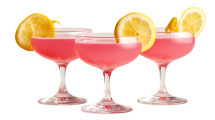 Three pink cocktails with lemon twist garnish on white background.